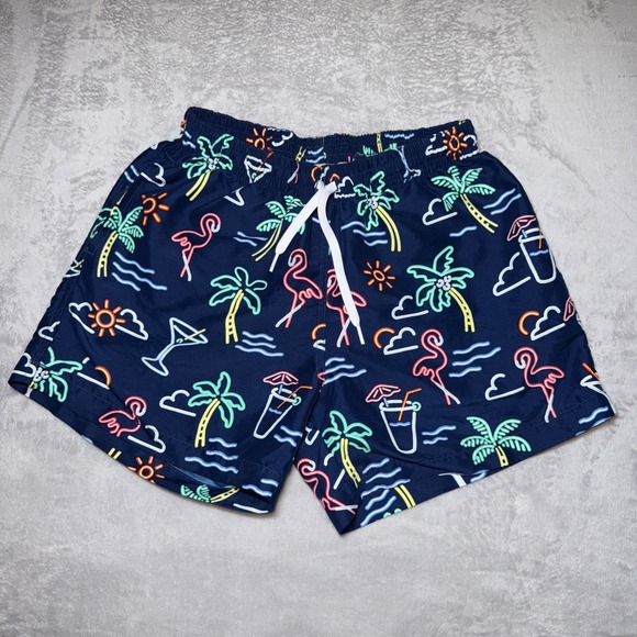 Chubbies Swim Shorts Mens Medium Blue Neon Flamingo Palm Martini Beach 4" Inseam - Picture 1 of 9